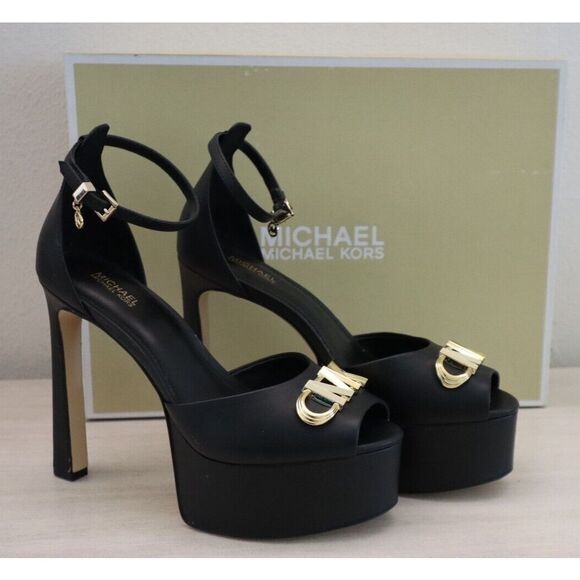 Michael Kors Women's Sz 8M Black Leather Martina 5" Peep-Toe Platform Pumps - Picture 2 of 11
